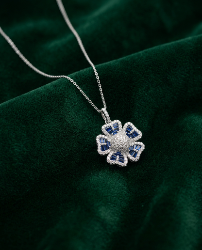 FLORAL MOTIF BLUE SAPPHIRE & CUBIC ZIRCONIA SILVER PENDANT