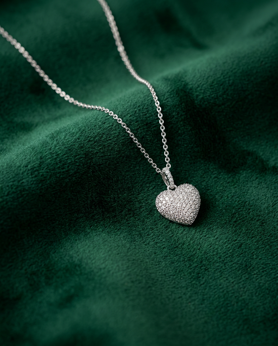 SHIMMERING SILVER PAVE HEART PENDANT