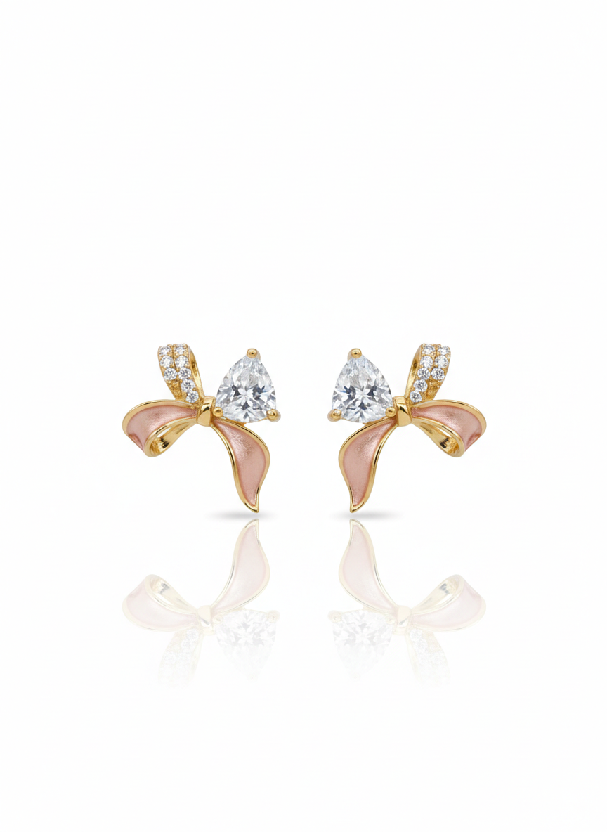 FABULOUS GOLD PLATED PINK COLOURED SILVER BOW EARRINGS