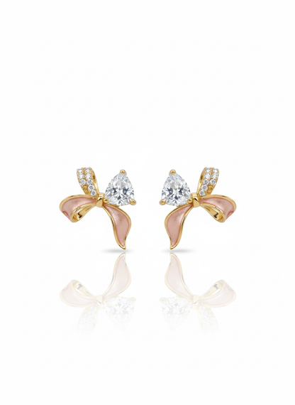 FABULOUS GOLD PLATED PINK COLOURED SILVER BOW EARRINGS