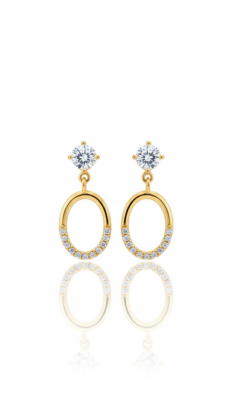 ELEGANT GOLD PLATED SILVER EAR STUDS WITH OVAL HANGINGS