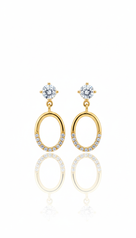 ELEGANT GOLD PLATED SILVER EAR STUDS WITH OVAL HANGINGS