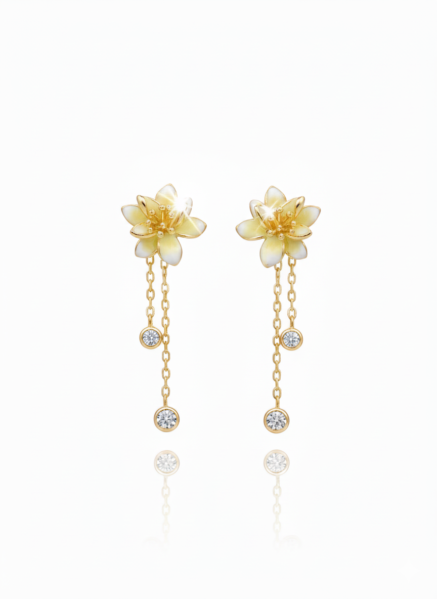 CHARMING GOLD PLATED YELLOW FLOWER DESIGN SILVER EARRINGS