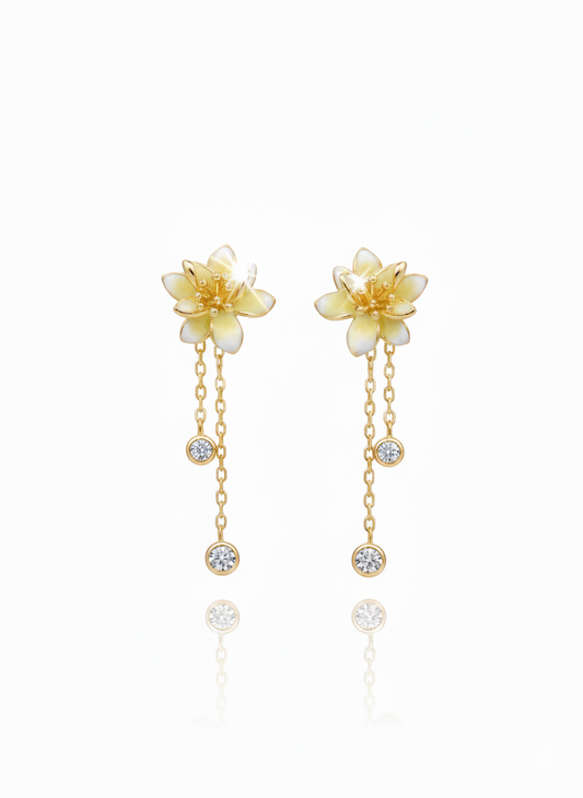 CHARMING GOLD PLATED YELLOW FLOWER DESIGN SILVER EARRINGS