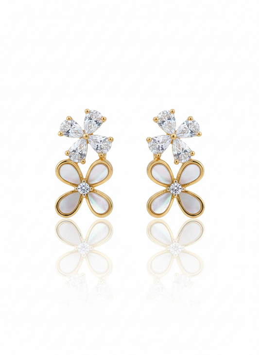 MAGICAL GOLD PLATED MOTHER OF PEARL FLOWER SHAPED SILVER EARRINGS