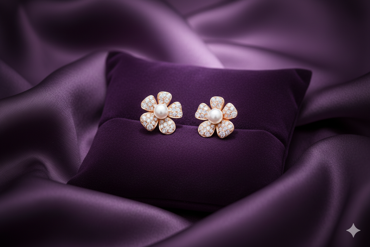 STUNNING ROSEGOLD PLATED FLOWER DESIGN SILVER EARRINGS