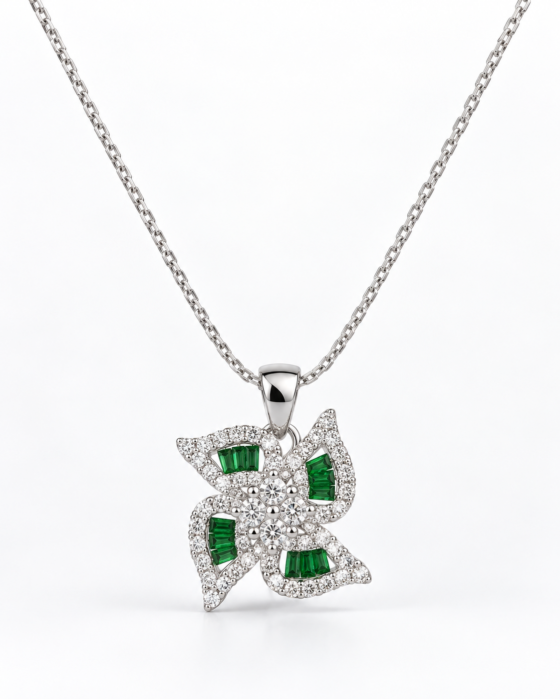 WHIRLWIND EMERALD & CUBIC ZIRCONIA SILVER PENDANT