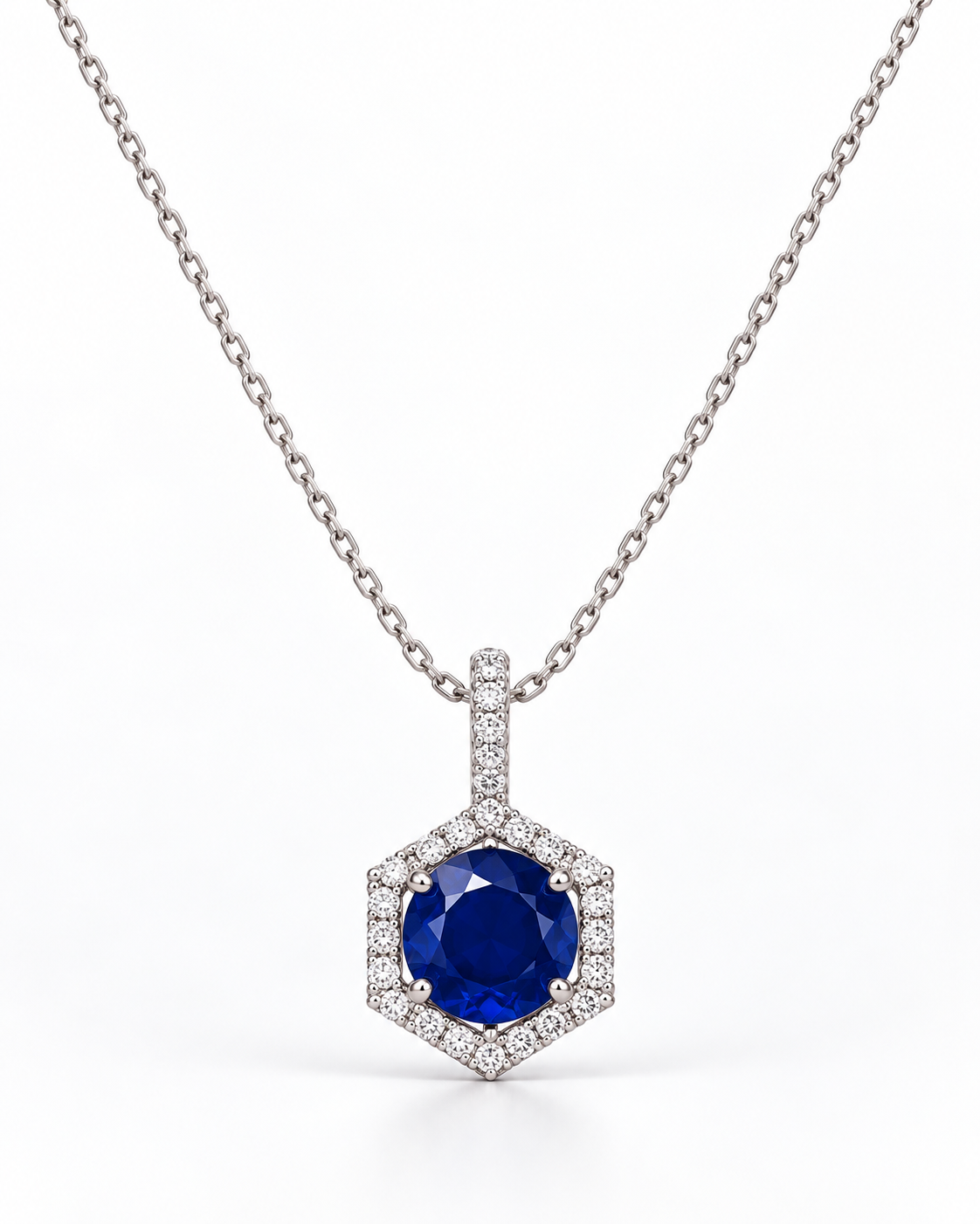ROYAL BLUE HEXAGONAL CUBIC ZIRCONIA SILVER PLATED PENDANT