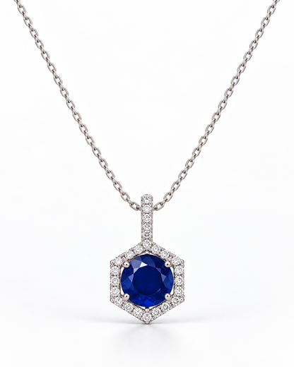 ROYAL BLUE HEXAGONAL CUBIC ZIRCONIA SILVER PLATED PENDANT