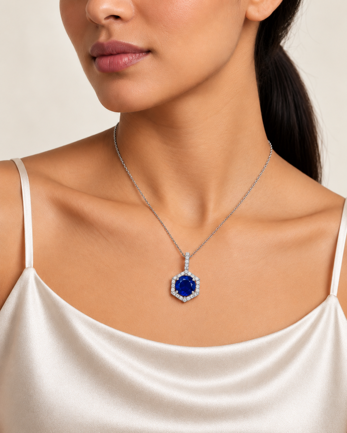 ROYAL BLUE HEXAGONAL CUBIC ZIRCONIA SILVER PLATED PENDANT