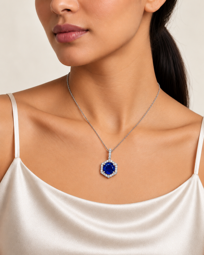 ROYAL BLUE HEXAGONAL CUBIC ZIRCONIA SILVER PLATED PENDANT