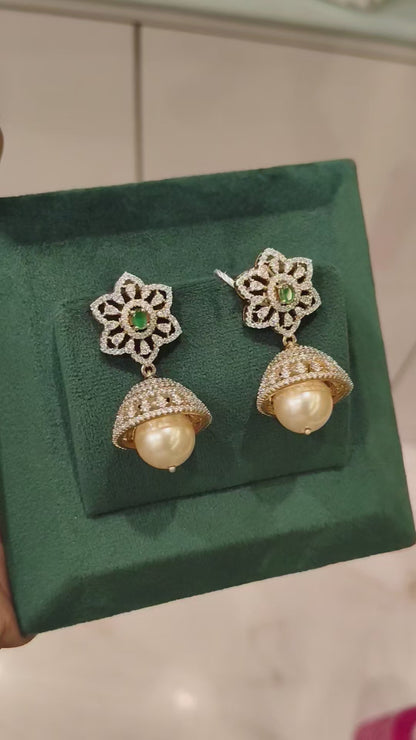 SHIFA CZ FLORAL DESIGN EAR JUMKIS WITH EMERALDS AND PEARLS