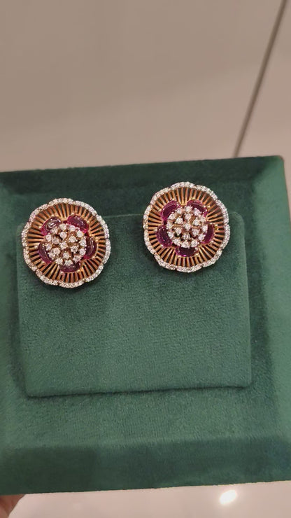 SURYA CZ FLORAL DESIGN EAR STUDS WITH PINK RUSSIAN BEADS