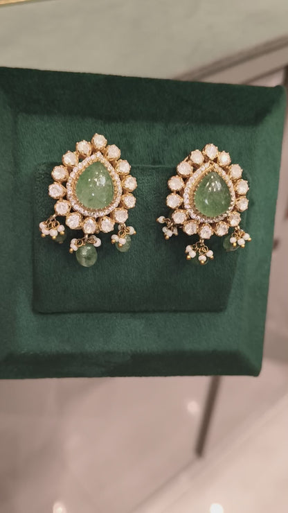 SUMANI MOISSANITE DROP DESIGN EAR STUDS WITH RUSSIAN EMERALDS AND PEARLS