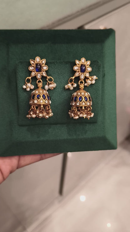 NIHARIKA KUNDAN FLORAL DESIGN BLUE EAR JUMKIS WITH PEARLS