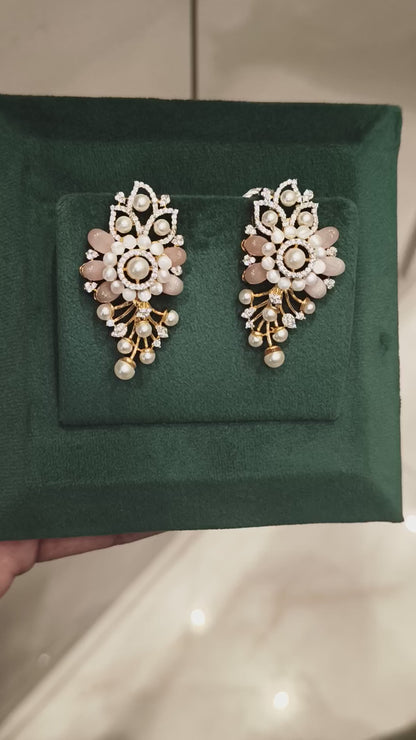 DEEPIKA CZ FLORAL DESIGN EAR STUDS WITH PINK RUSSIAN BEADS AND PEARLS