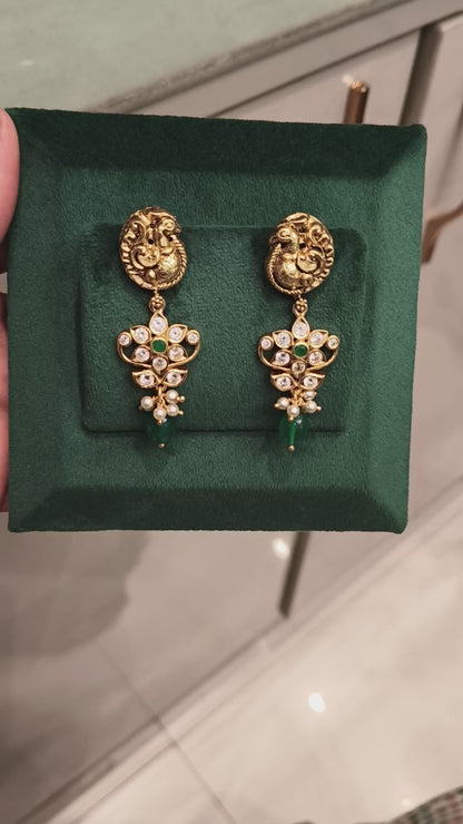 SRESHTA NAKSHI PEACOCK DESIGN EAR HANGINGS WITH EMERALDS AND PEARLS