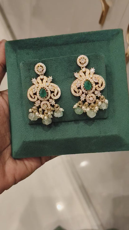 ASHMITHA CZ PEACOCK DESIGN EAR HANGINGS WITH EMERALDS