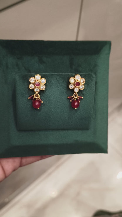 ARUNA CZ FLORAL DESIGN EAR STUDS WITH RUBY