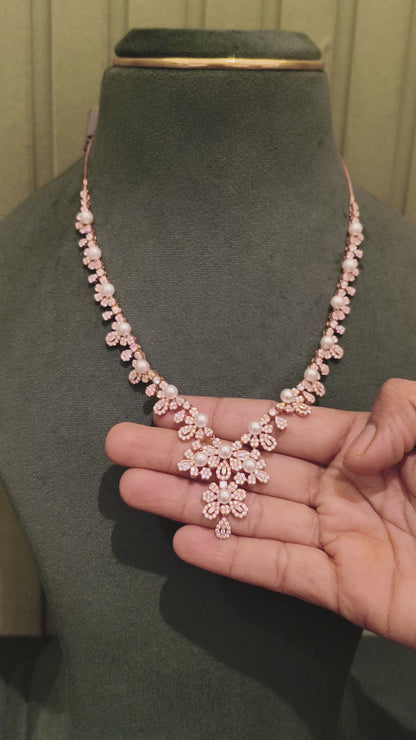 SILVER FLORAL FAB ROSE GOLD PLATED NECKLACE AND EARRINGS SET
