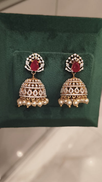 KOMALI CZ DROP DESIGN EAR JUMKIS WITH RUBIES