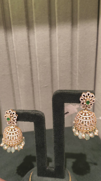 LOKSHITA CZ FLORAL DESIGN EAR JUMKIS WITH EMERALDS AND PEARLS