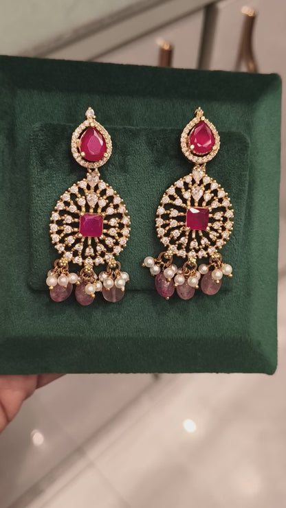SHANTHI CZ DROP DESIGN EAR HANGINGS WITH PINK RUBIES AND PEARLS