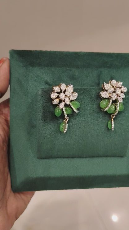 UMA CZ FLORAL DESIGN EAR STUDS WITH GREEN RUSSIAN BEADS