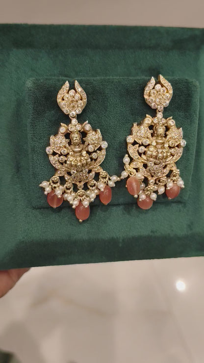 VEDA NAKSHI LAKSHMI DESIGN EAR HANGINGS WITH PEARLS AND ORANGE BEADS