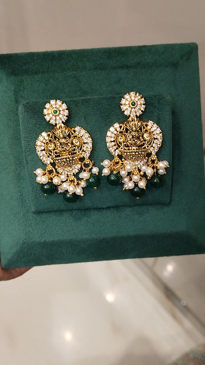 ASHIKA NAKSHI LAKSHMI DESIGN EAR HANGINGS WITH EMERALDS AND PEARLS
