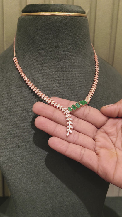 SILVER EMERALD BEAUTY ROSE GOLD PLATED NECKLACE AND EARRINGS SET