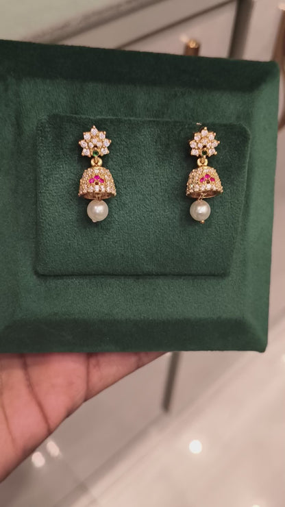 AADYA CZ  FLORAL DESIGN EAR JUMKIS WITH EMERALDS AND RUBIES