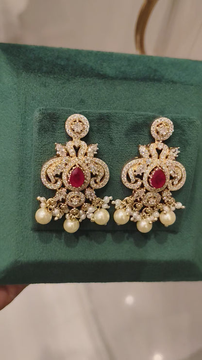 BHARANI CZ PEACOCK DESIGN EAR HANGINGS WITH RUBIES AND PEARLS