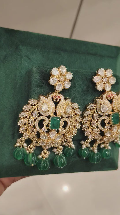 SONAM MOISSANITE FLORAL DESIGN EAR HANGINGS WITH EMERALDS AND PEARLS