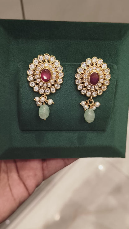 KEERTHANA CZ EAR STUDS WITH RUBIES AND EMERALD BEADS