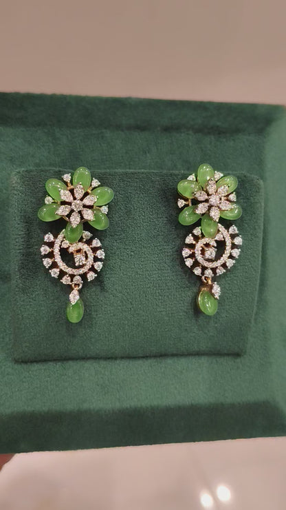 LISA CZ FLORAL DESIGN EAR STUDS WITH GREEN RUSSIAN BEADS