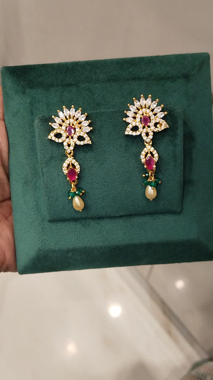 GAYATRI CZ FLORAL DESIGN EAR HANGINGS WITH EMERALDS AND RUBIES